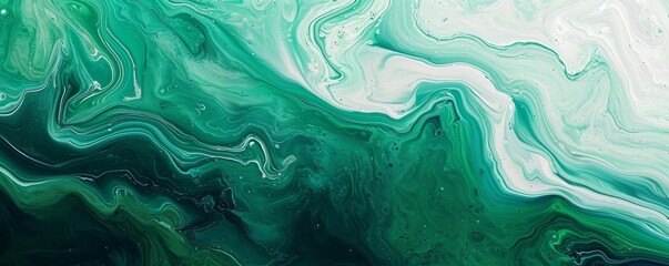 Abstract marbling oil acrylic paint background illustration art wallpaper. Green white color with liquid fluid marbled paper texture banner painting texture. Generative AI
