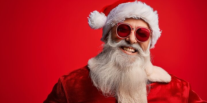 Merry Christmas holiday vacation winter greeting card concept. Cool hipster Santa Claus with sunglasses, isolated on red background. Generative AI