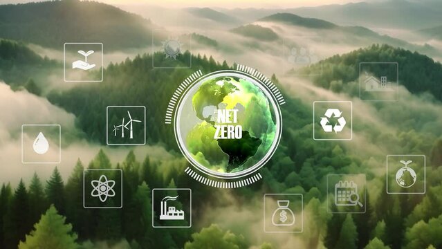 Net zero emission ,2050, carbon neutral concept.CO2 reduce.Net zero greenhouse gas emissions target. Climate neutral long term strategy with green net zero. 4k video