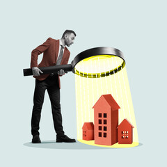 A businessman with a large magnifying glass examines the houses. Art collage.