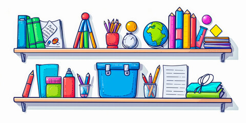 set of cartoon icons of school supplies organized on a shelf on the wall on white background