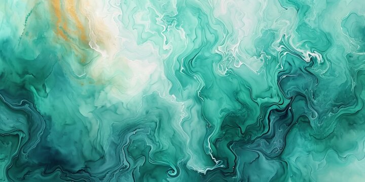 Abstract watercolor paint background illustration. Green turquoise color with liquid fluid marbled paper texture banner texture, Generative AI