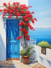 A painting depicting a blue door adorned with vibrant red flowers, adding a pop of color to the scene.