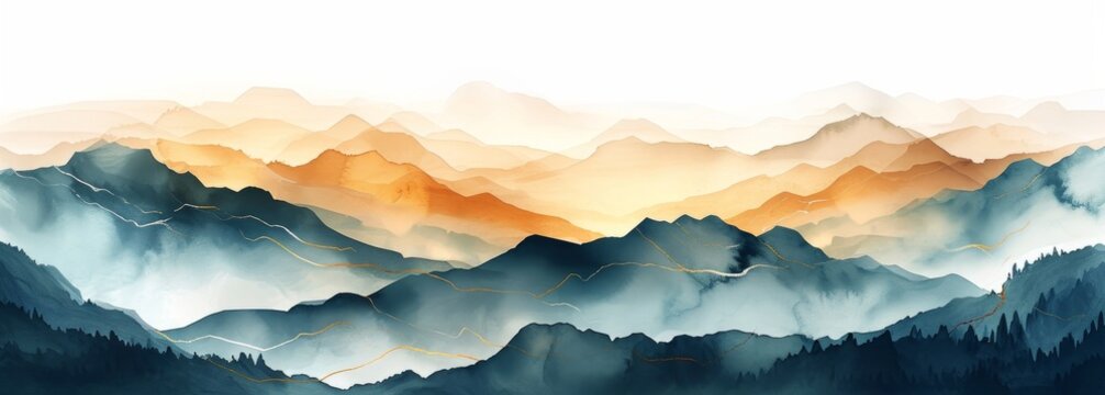 Soft Pastel Color Watercolor Abstract Brush Painting Art Of Beautiful Mountains, Mountain Peak Minimalism Landscape With Golden Lines, Panorama Banner, Generative AI