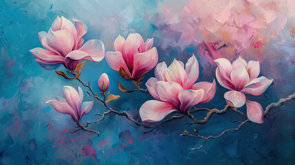 Hand drawn oil painting of blooming magnolia branch. Tree blossom illustration. Beautiful pink flowers on blue background