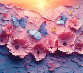 Colorful wallpaper with abstract landscape and butterflies
