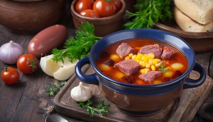 Traditional Ukrainian meat soup Solyanka in bowl