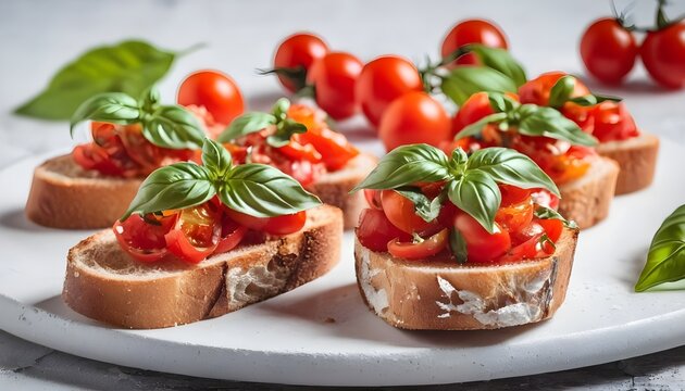 Traditional italian bruschetta with cherry tomatoes and basil leaves