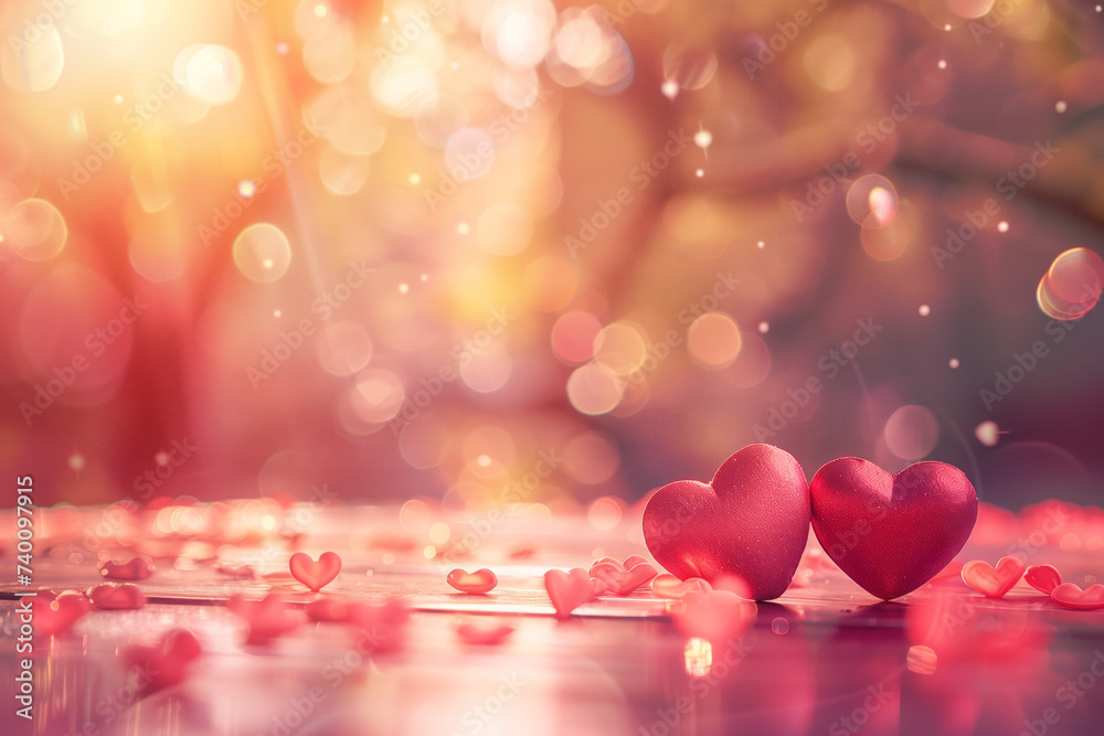 Poster Background with hearts and bokeh. Love is everywhere. A slide background for showcasing love. Background image. Created with Generative AI technology