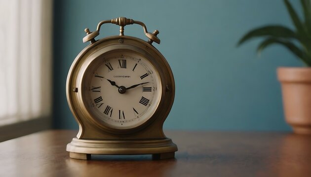 A small, brass desk clock ticking away