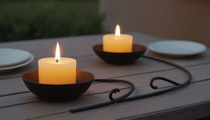 A rustic, wrought-iron candle holder on an outdoor table