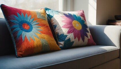 A colorful, hand-stitched cushion on a window seat