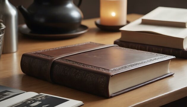 A well-loved, leather-bound photo album on a coffee table