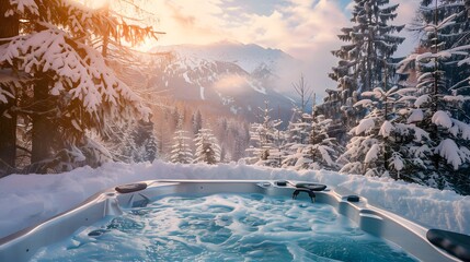 ski resort in the mountains. a hot tub with spa near a winter forest with a snow covered mountain in background