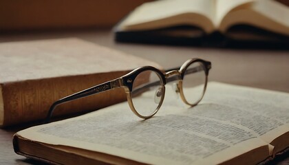 A pair of antique, brass eyeglasses on an old book