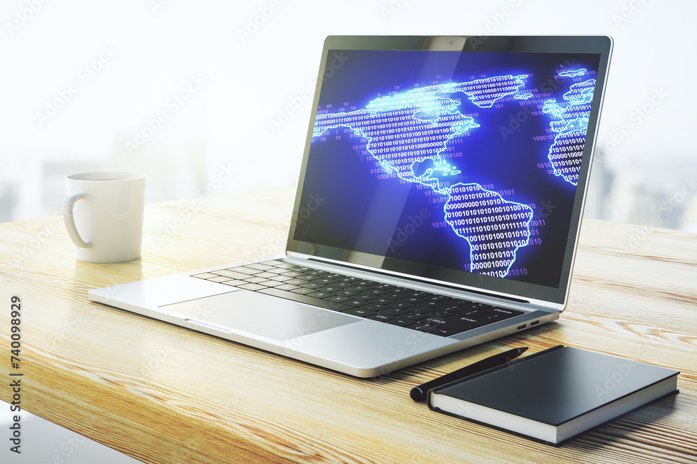 Poster computer monitor with digital america map, global technology concept. 3d rendering
