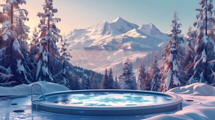 ski resort in the mountains. a hot tub with spa near a winter forest with a snow covered mountain...