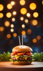 Realistic hamburger photo under bokeh lights studio atmosphere. Ai generated image. - 740099195