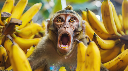 funny surprised frightened macaque monkey with an open mouth on a background of bananas close-up - obrazy, fototapety, plakaty