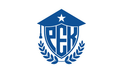 PEK three letter iconic academic logo design vector template. monogram, abstract, school, college, university, graduation cap symbol logo, shield, model, institute, educational, coaching canter, tech
