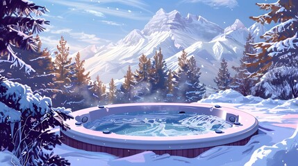 ski resort in the mountains. a hot tub with spa near a winter forest with a snow covered mountain in background