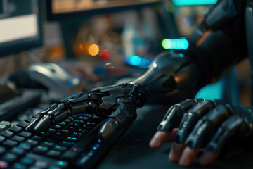 Hacker with Bionic Arm Breaking Through Firewalls - obrazy, fototapety, plakaty
