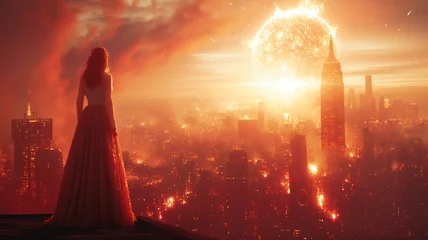Foto op Plexiglas Baksteen Kobieta obserwuje płonącą planetę zbliżającą się do powierzchni ziemi