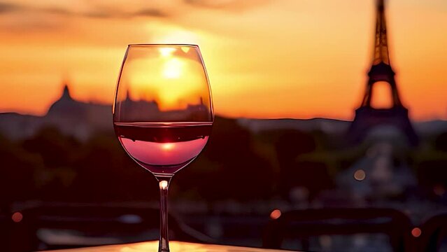 Glass of wine sunset Eiffel Tower background. Selective focus.