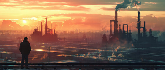 Fototapeta premium Worker Overlooking Techno Landscape on Cigarette Break