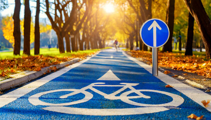 Close-up of a blue and white road sign of a cycle path on a bicycle lane in a public park in autumn. Generative Ai.