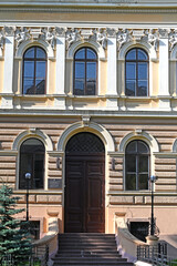 Fototapeta na wymiar Main entrance to the building of the Faculty of Law of the Chernivtsi National University, Ukraine