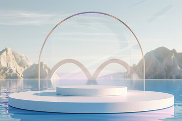 3d round podium on water with glass wall, arch and mountains. Minimal mockup for product presentation