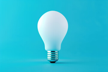 White light bulb on bright blue background in pastel colors. Minimalist concept, bright idea concept, isolated lamp. 3d