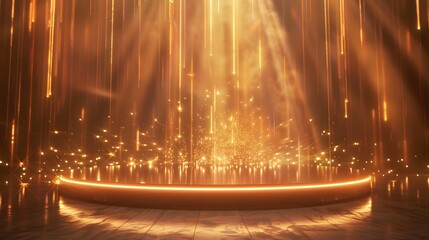 Podium with golden light lamps background. Golden light award stage with rays and sparks
