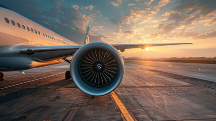 engine and wing of a modern passenger aircraft on the runway in sunlight close-up