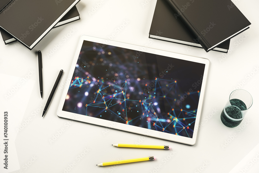 Fototapete creative abstract wireless technology hologram on modern digital tablet display, artificial intellig