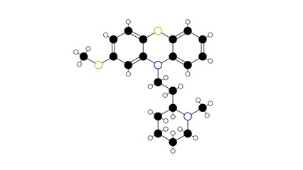 thioridazine molecule, structural chemical formula, ball-and-stick model, isolated image typical antipsychotic