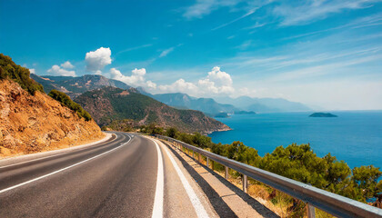 car driving on the road of Europe. road landscape in summer. it's nice to drive on the beachside highway. Highway view on the coast on the way to summer vacation. Turkey trip on beautiful travel road