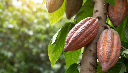 Cocoa pods on tree with copy space