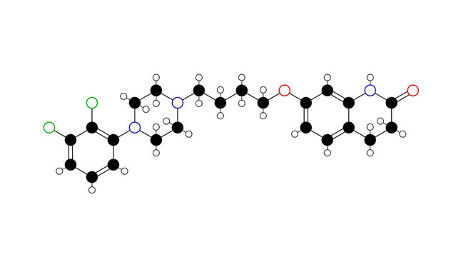 aripiprazole molecule, structural chemical formula, ball-and-stick model, isolated image atypical antipsychotic