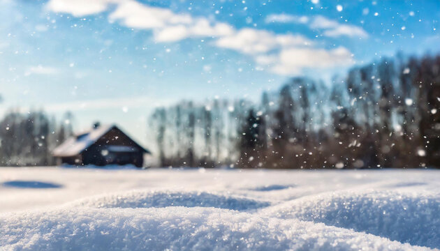 Blurred background of snowy farm, snowfall, wooden house in the distance