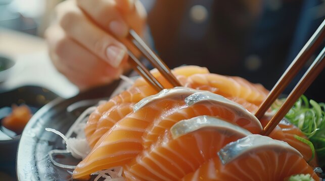 The hands were holding the chopsticks to hold the salmon sashimi. Asian people eating sashimi set in Asian restaurant. Japanese food concept.
