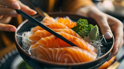 The hands were holding the chopsticks to hold the salmon sashimi. Asian people eating sashimi set in Asian restaurant. Japanese food concept.
