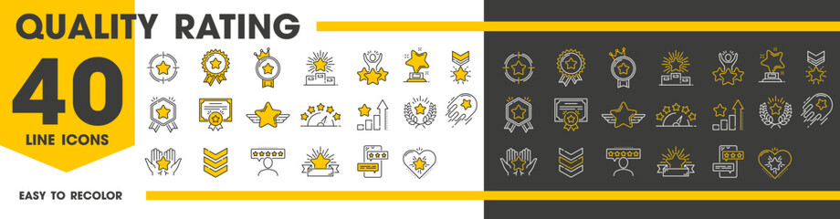 Quality rating icons of rank, reward or grade stars with winner certificate, vector line symbols. Five star rating line icons of best award, top rank achievement review or high quality victory wreath