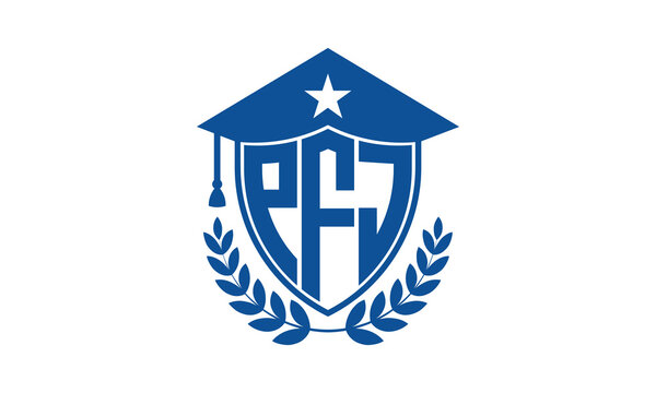 PFJ three letter iconic academic logo design vector template. monogram, abstract, school, college, university, graduation cap symbol logo, shield, model, institute, educational, coaching canter, tech