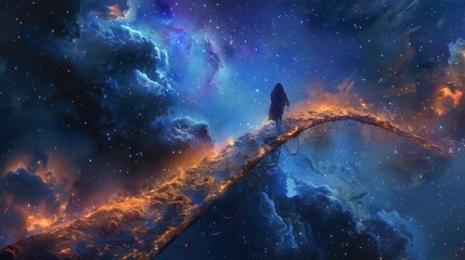 Obraz na płótnie Canvas Lonely Wanderer on Star Bridge, Nebula Clouds Below, Fantasy scenery