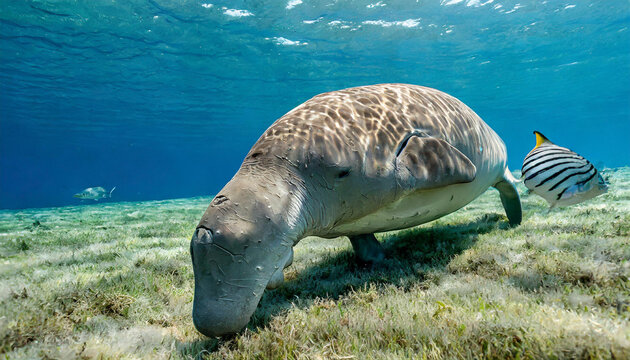 Portrait of a male Dugong (Dugong dugon) feeding on a seagrass meadow (Halophila stipulacea), accompanied by a young golden trevally (Gnathanodon speciosus). Red Sea