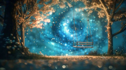 Empty Swing Set at Night with Galaxy Swirl Overhead, Whimsical Digital Backdrop