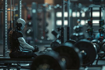 Lonely Human Envies Fitness Bots in Gym - obrazy, fototapety, plakaty