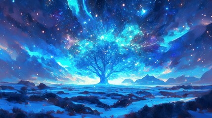 Single Tree on Snowy Field with Auroras and Starry Sky, Ethereal Midjourney Vibe